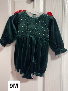 Velvet Dark Green Pearl-Embellished Baby Girl Costume Romper